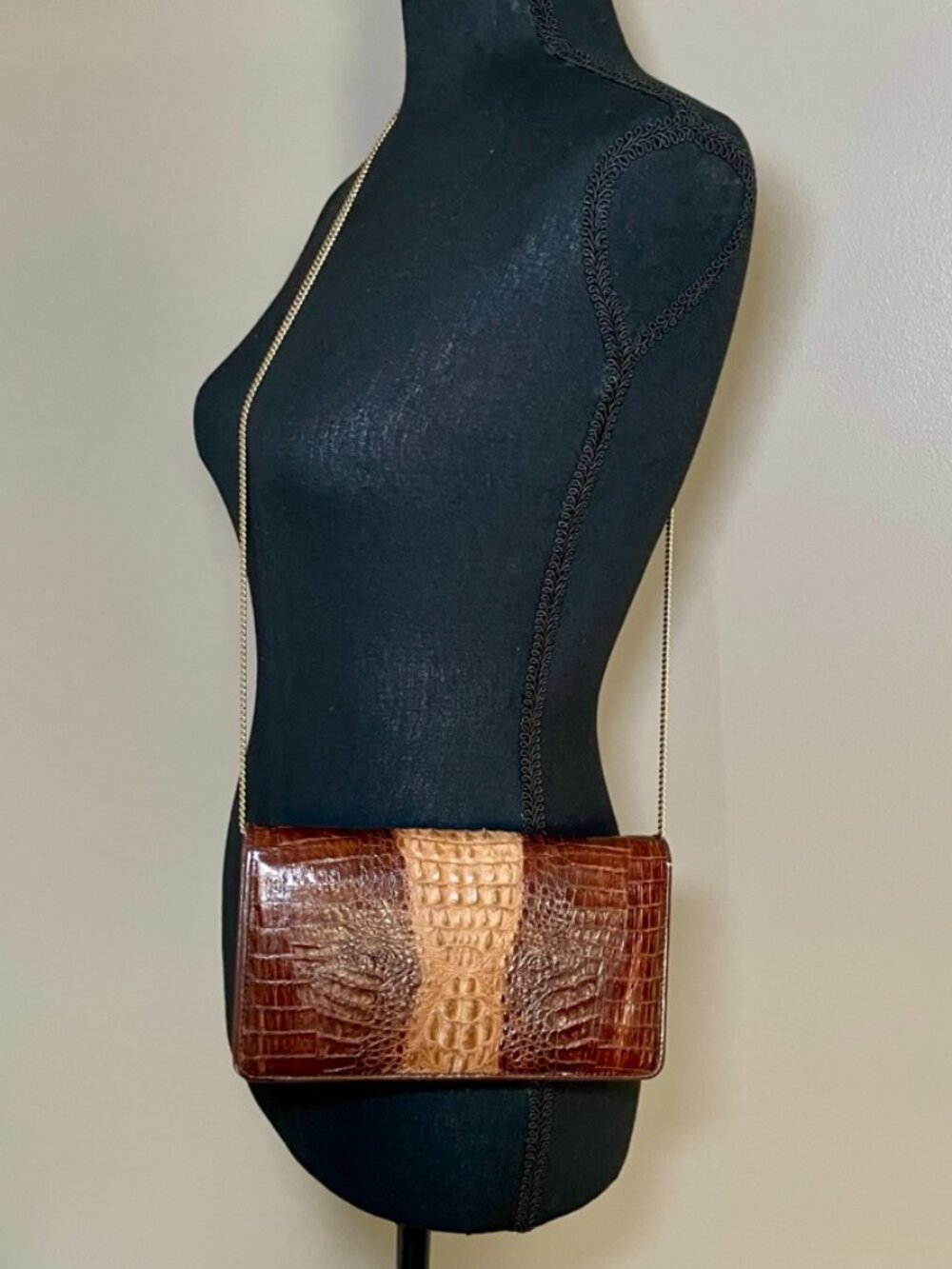 VINTAGE genuine crocodile skin chain clutch, Made in Thailand